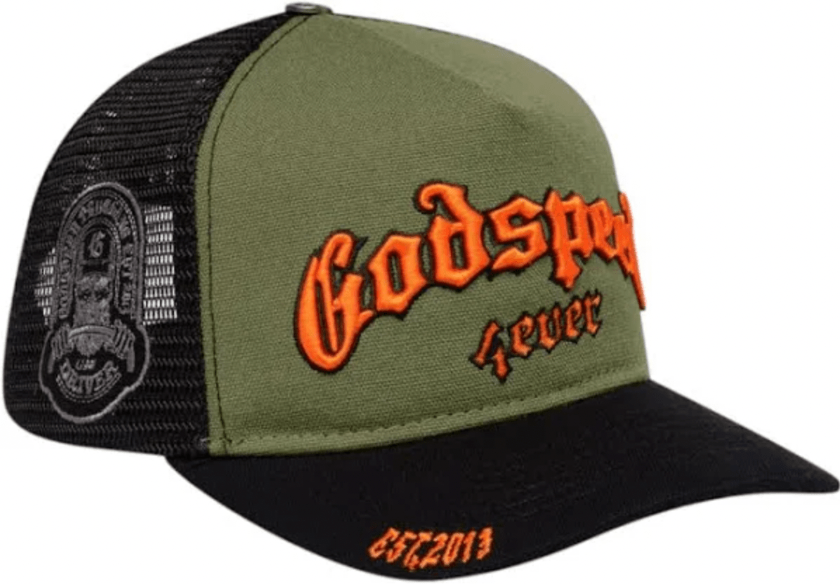 Godspeed Forever Trucker Hat (Olive/Orange) - Lucid Soles