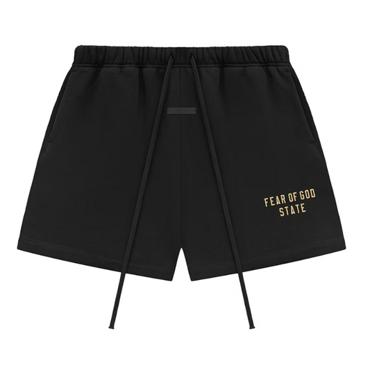 Fear of God Essentials Fleece Soccer Shorts Jet Black (Gold Letters) - Lucid Soles