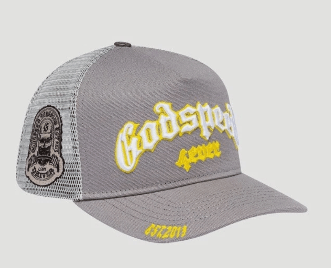 Godspeed Forever Trucker Hat (Grey/Yellow) - Lucid Soles