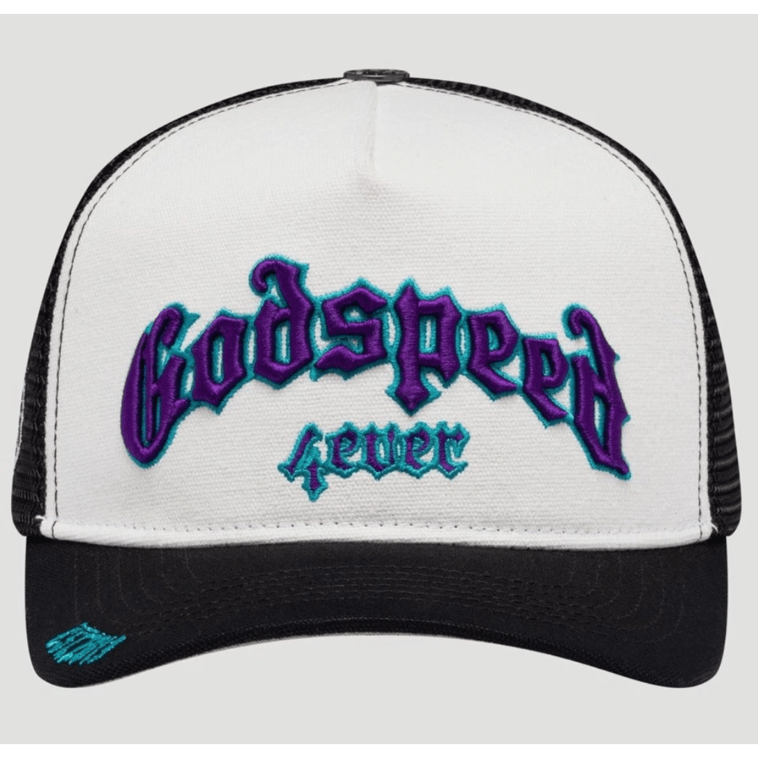 Godspeed Forever Trucker Hat (White/Black/Purple) - Lucid Soles