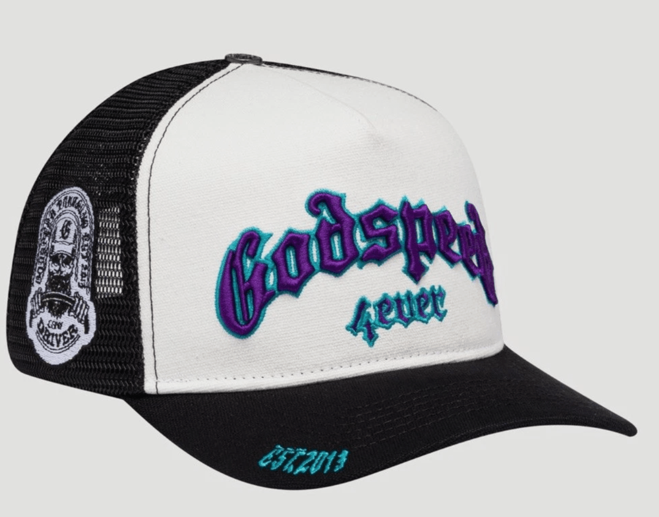 Godspeed Forever Trucker Hat (White/Black/Purple) - Lucid Soles