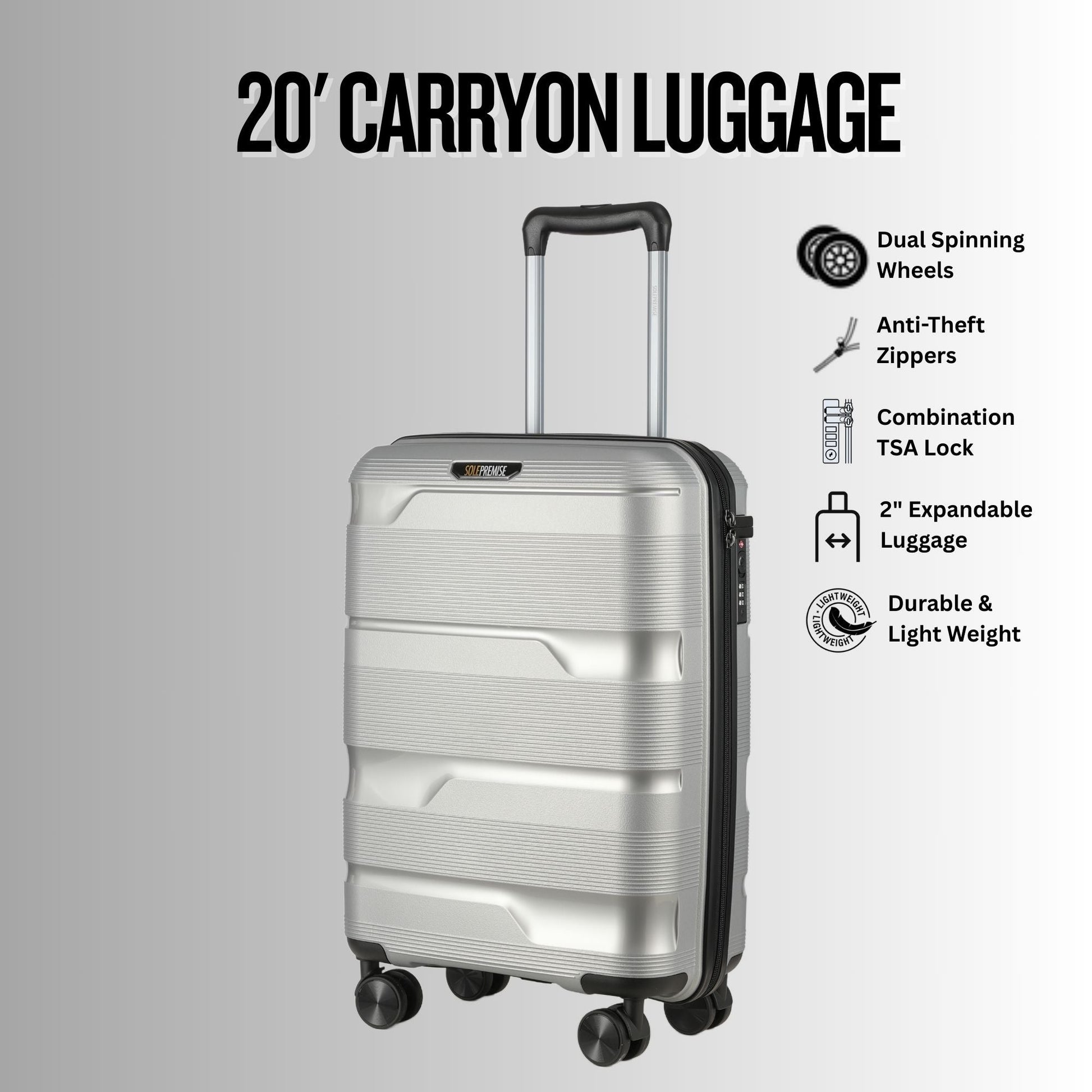 20 - inch Silver Carry - On Hardcase Roller Luggage with 360° Wheels - Lucid Soles