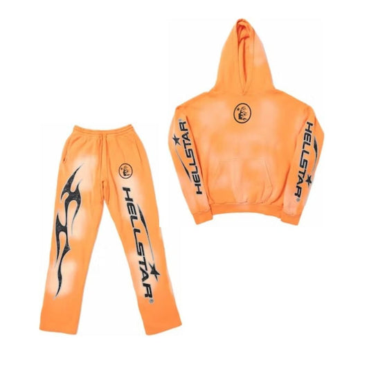 Hellstar Fire Orange Hoodie with Flare Bottom Sweatpants Orange Dye (Full Set) - Lucid Soles