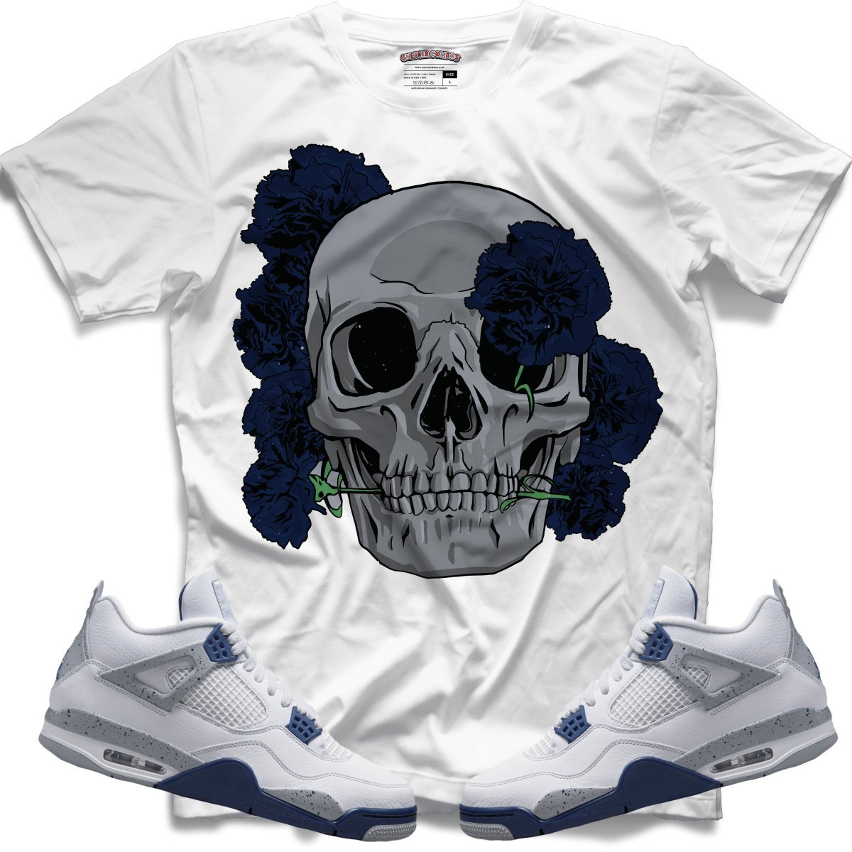 Carnation Skull (Retro 4 Midnight Navy) T-Shirt - Lucid Soles