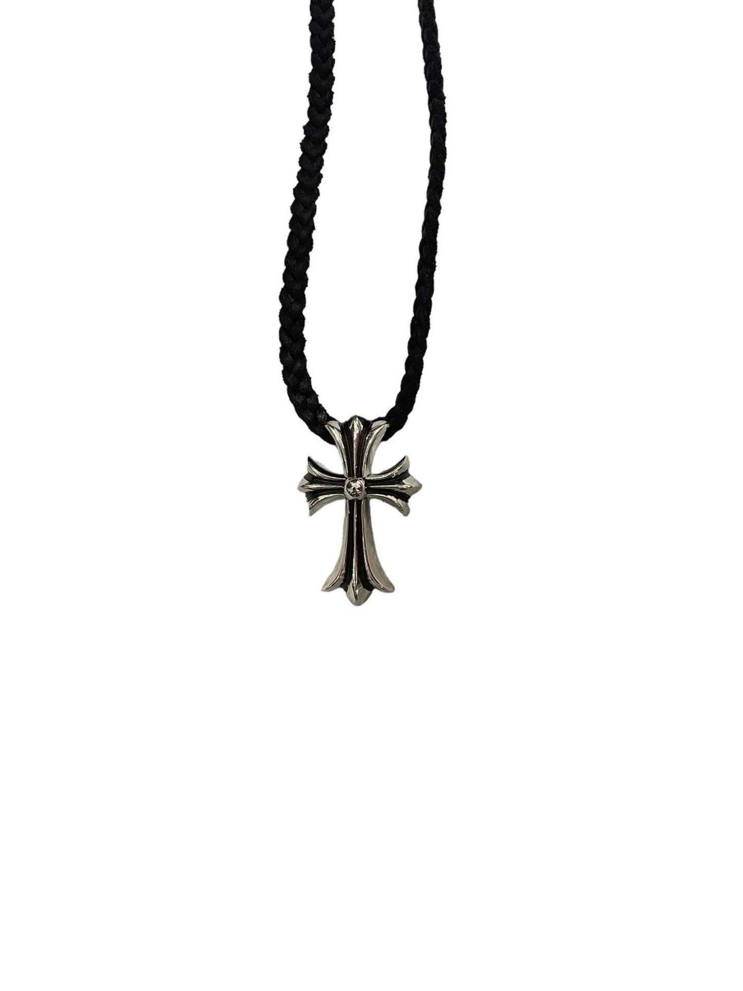 Chrome Hearts Silver Cross Pendant w/ Black Rope Chain - Lucid Soles