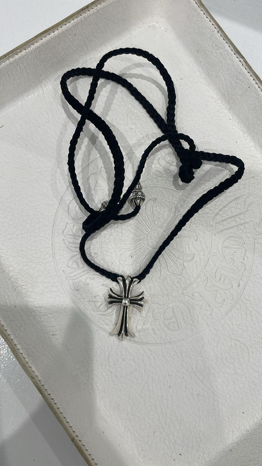 Chrome Hearts Silver Cross Pendant w/ Black Rope Chain - Lucid Soles