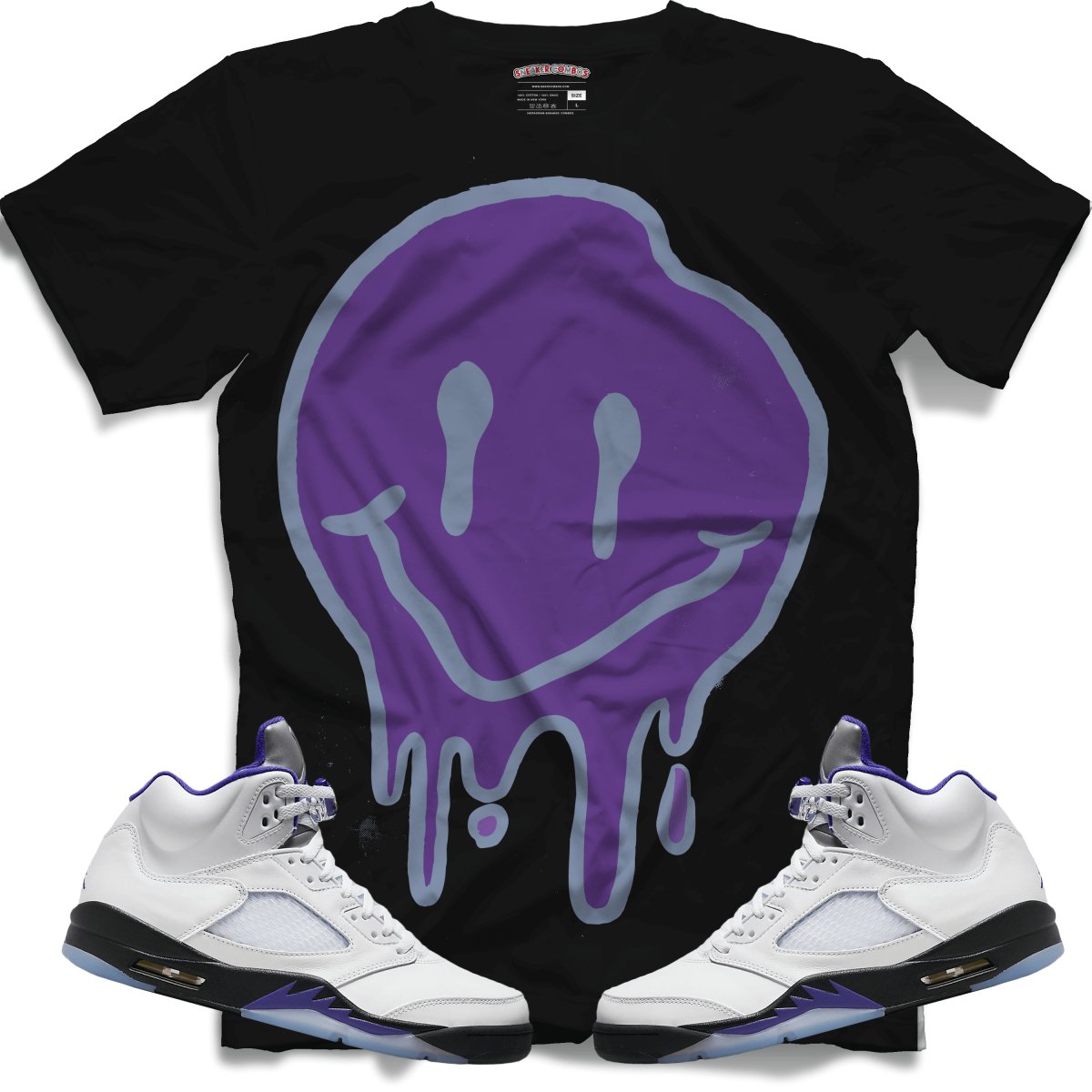 Drippy Smiley Face (Retro 5 Concord) T-Shirt - Black - Lucid Soles