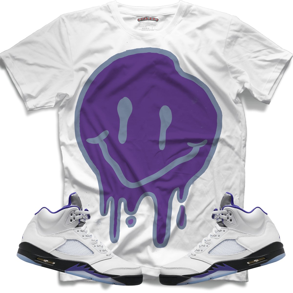 Drippy Smiley Face (Retro 5 Concord) T-Shirt - White - Lucid Soles