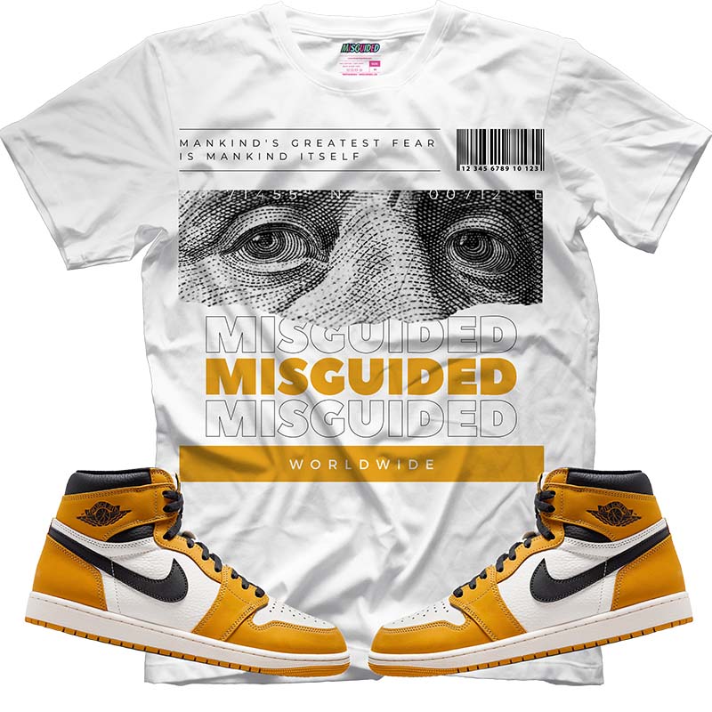 Misguided Benjamin (Air Jordan 1 Retro High OG 'Yellow Ochre') T-Shirt - Lucid Soles