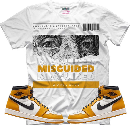 Misguided Benjamin (Air Jordan 1 Retro High OG 'Yellow Ochre') T-Shirt - Lucid Soles