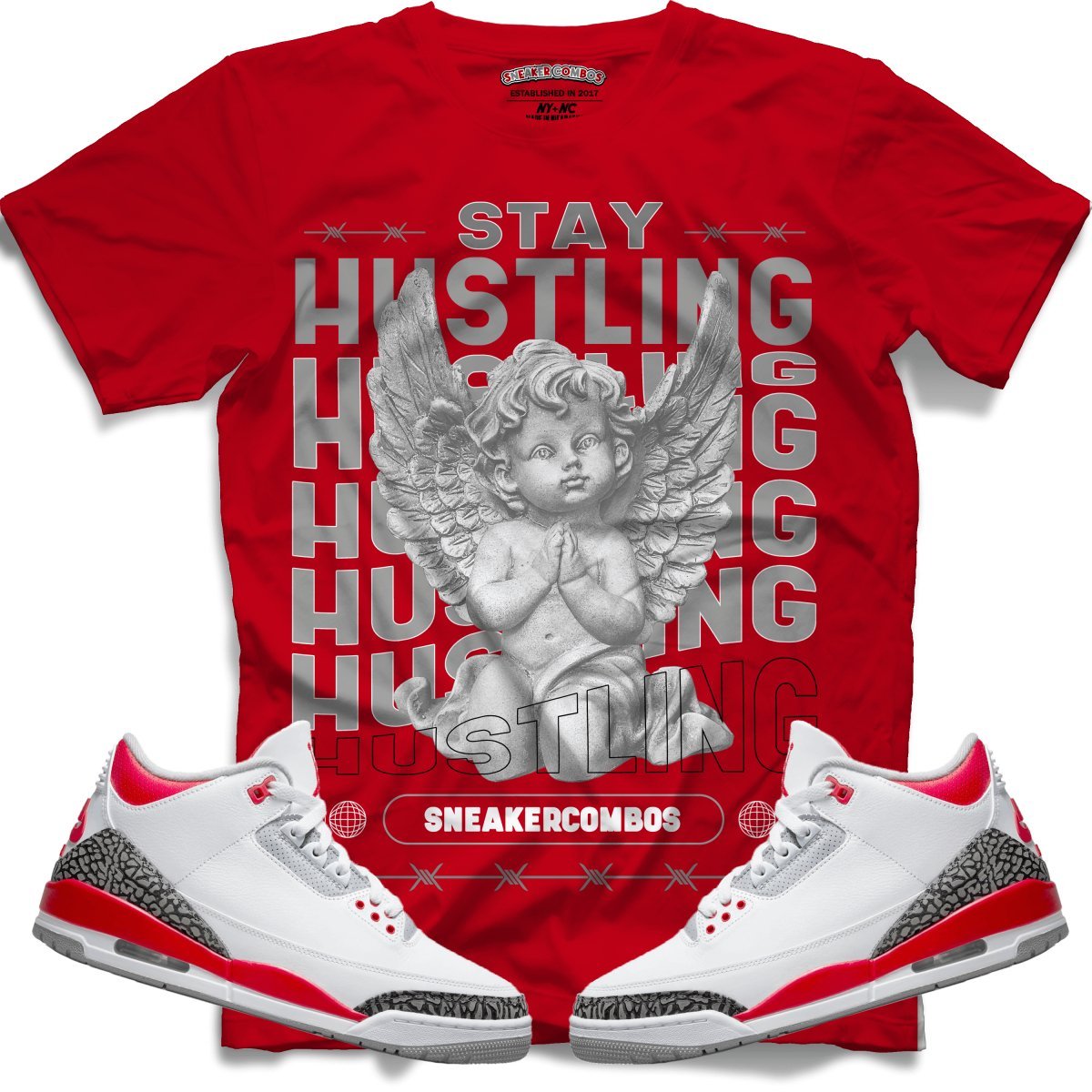 Stay Hustling (Retro 3 Fire Red) T-Shirt - Lucid Soles